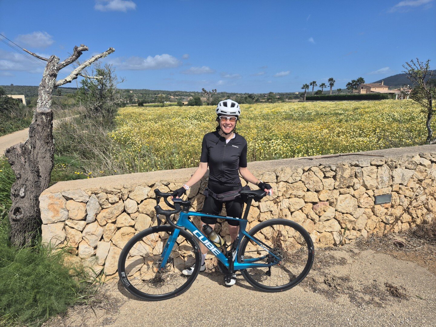 Cyclist beside a stone wall in spring countryside